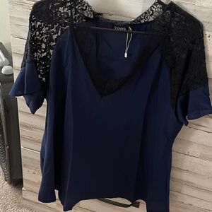 YOINS Women's Dark Blue Blouse with Black Lace
